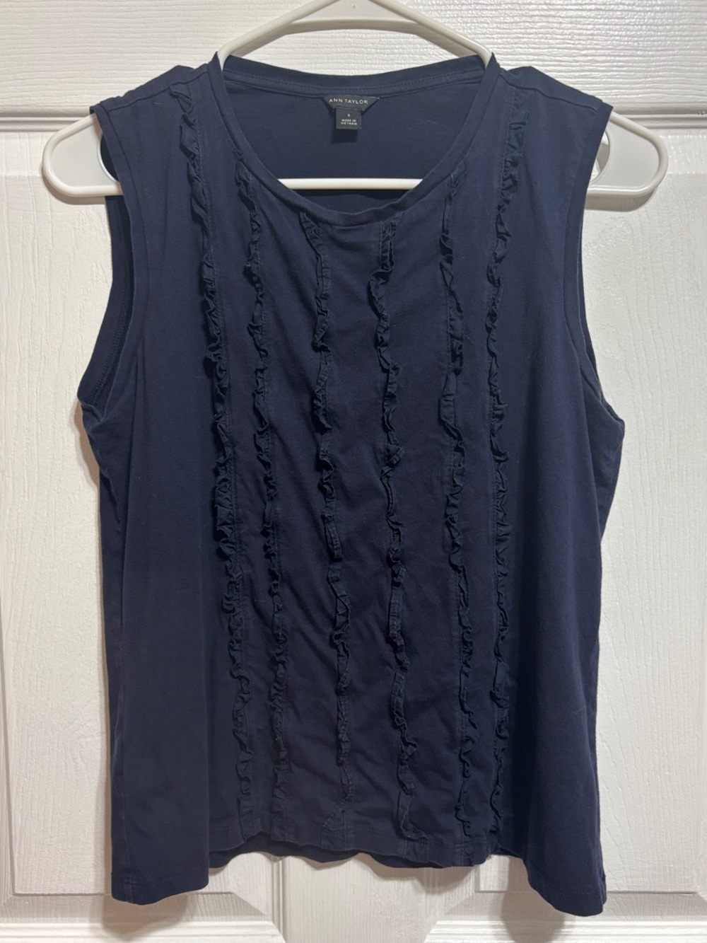 Ann Taylor Navy Sleeveless Ruffle-Trim Knit Tank:  size small